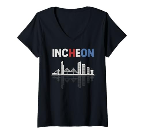 Damen Incheon Skyline Südkorea Stadtbild Reise Souvenir T-Shirt mit V-Ausschnitt Damen Incheon Skyline Südkorea Stadtbild Reise Souvenir T-Shirt mit V-Ausschnitt von South Korea Flag Designs Proud South Korean Roots