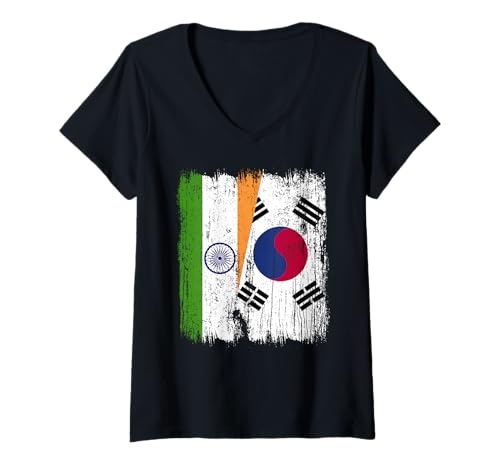 Damen Indien Südkorea Halbflagge Indien Südkorea Jersey T-Shirt mit V-Ausschnitt Damen Indien Südkorea Halbflagge Indien Südkorea Jersey T-Shirt mit V-Ausschnitt von South Korea Flag Designs Proud South Korean Roots