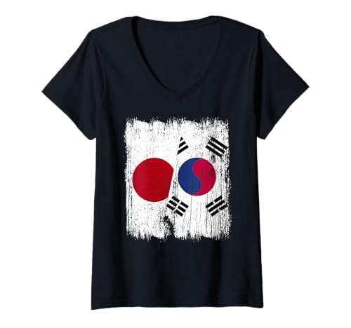 Damen Japan Südkorea Halbflagge Japanisch Südkorea Jersey T-Shirt mit V-Ausschnitt Damen Japan Südkorea Halbflagge Japanisch Südkorea Jersey T-Shirt mit V-Ausschnitt von South Korea Flag Designs Proud South Korean Roots