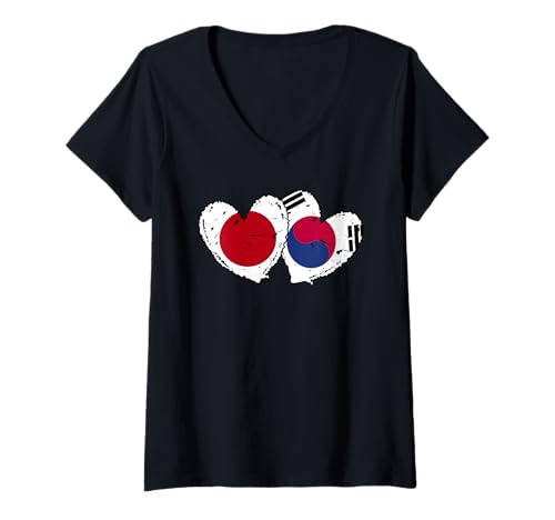 Damen Japan Südkorea Herz Flaggen Japanische Koreanische Doppelflagge T-Shirt mit V-Ausschnitt Damen Japan Südkorea Herz Flaggen Japanische Koreanische Doppelflagge T-Shirt mit V-Ausschnitt von South Korea Flag Designs Proud South Korean Roots