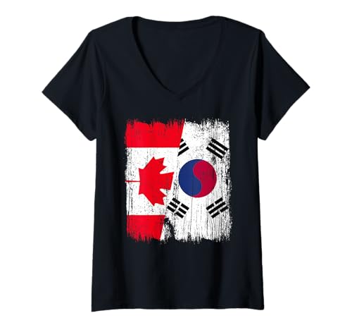 Damen Kanada, Südkorea, halbe Flagge, kanadisches südkoreanisches Erbe T-Shirt mit V-Ausschnitt Damen Kanada, Südkorea, halbe Flagge, kanadisches südkoreanisches Erbe T-Shirt mit V-Ausschnitt von South Korea Flag Designs Proud South Korean Roots
