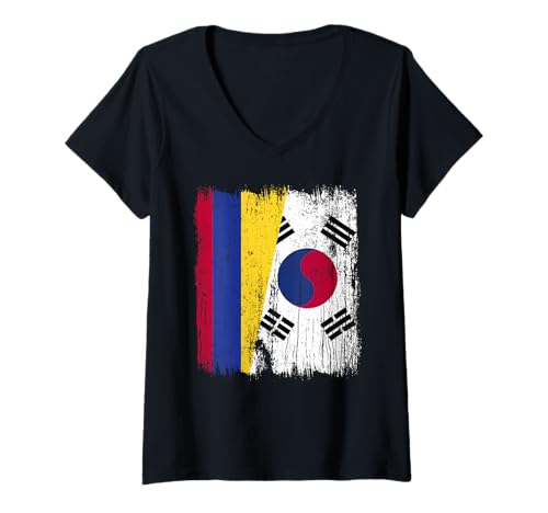 Damen Kolumbien Südkorea Halbflagge Kolumbien Südkoreanisch T-Shirt mit V-Ausschnitt Damen Kolumbien Südkorea Halbflagge Kolumbien Südkoreanisch T-Shirt mit V-Ausschnitt von South Korea Flag Designs Proud South Korean Roots