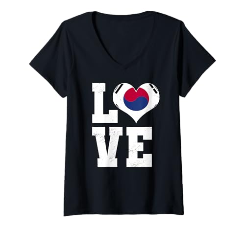 Damen Love Südkorea Koreanische Flagge Herz Taegukgi Love T-Shirt mit V-Ausschnitt Damen Love Südkorea Koreanische Flagge Herz Taegukgi Love T-Shirt mit V-Ausschnitt von South Korea Flag Designs Proud South Korean Roots