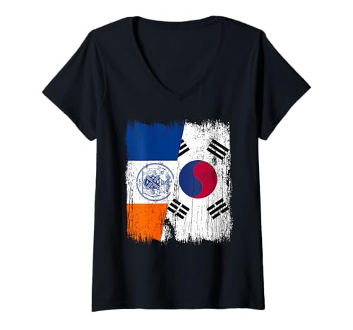 Damen New York Südkorea Halbflagge New York Südkorea T-Shirt mit V-Ausschnitt Damen New York Südkorea Halbflagge New York Südkorea T-Shirt mit V-Ausschnitt von South Korea Flag Designs Proud South Korean Roots