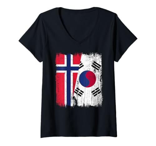 Damen Norwegen Südkorea Halbflagge Norwegisch Südkoreanisch T-Shirt mit V-Ausschnitt Damen Norwegen Südkorea Halbflagge Norwegisch Südkoreanisch T-Shirt mit V-Ausschnitt von South Korea Flag Designs Proud South Korean Roots