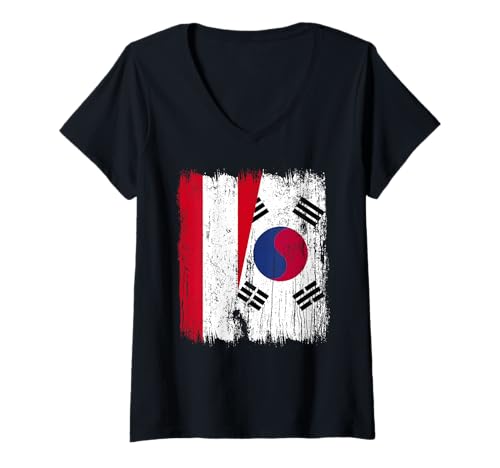 Damen Österreich Südkorea Halbflagge Österreich Südkoreanisch T-Shirt mit V-Ausschnitt Damen Österreich Südkorea Halbflagge Österreich Südkoreanisch T-Shirt mit V-Ausschnitt von South Korea Flag Designs Proud South Korean Roots