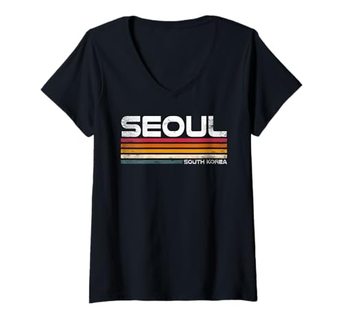 Damen Retro Seoul Südkorea Design Koreanisches Reise-Souvenir T-Shirt mit V-Ausschnitt Damen Retro Seoul Südkorea Design Koreanisches Reise-Souvenir T-Shirt mit V-Ausschnitt von South Korea Flag Designs Proud South Korean Roots