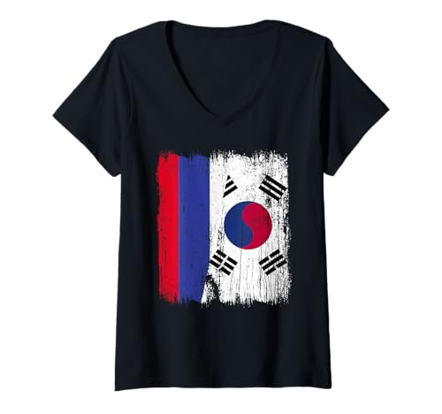 Damen Russland Südkorea Halbflagge Russisch Südkorea Trikot T-Shirt mit V-Ausschnitt Damen Russland Südkorea Halbflagge Russisch Südkorea Trikot T-Shirt mit V-Ausschnitt von South Korea Flag Designs Proud South Korean Roots
