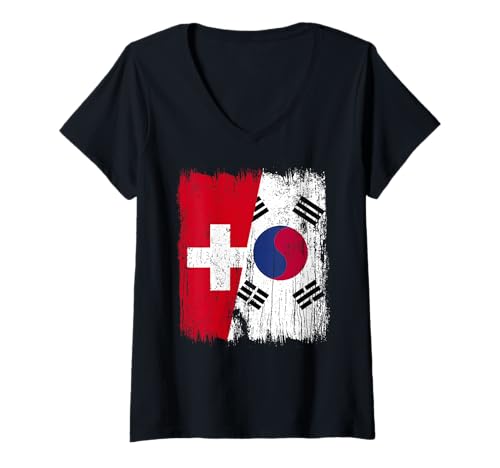 Damen Schweiz Südkorea Halbflagge Schweiz Südkoreanisch T-Shirt mit V-Ausschnitt Damen Schweiz Südkorea Halbflagge Schweiz Südkoreanisch T-Shirt mit V-Ausschnitt von South Korea Flag Designs Proud South Korean Roots