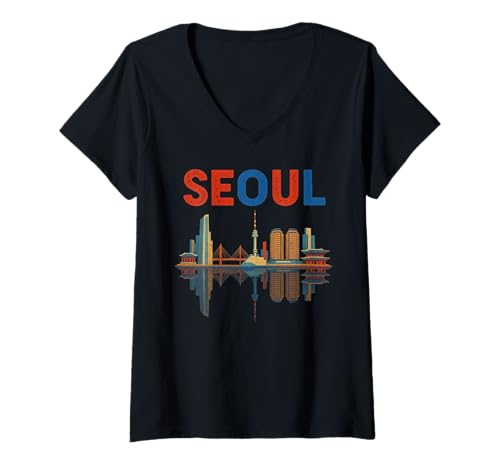 Damen Seoul Skyline Südkorea Architektur Reise Souvenir T-Shirt mit V-Ausschnitt Damen Seoul Skyline Südkorea Architektur Reise Souvenir T-Shirt mit V-Ausschnitt von South Korea Flag Designs Proud South Korean Roots