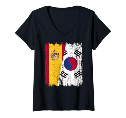 Damen Spanien Südkorea Halbflagge Spanisch Südkoreanisch T-Shirt mit V-Ausschnitt Damen Spanien Südkorea Halbflagge Spanisch Südkoreanisch T-Shirt mit V-Ausschnitt von South Korea Flag Designs Proud South Korean Roots