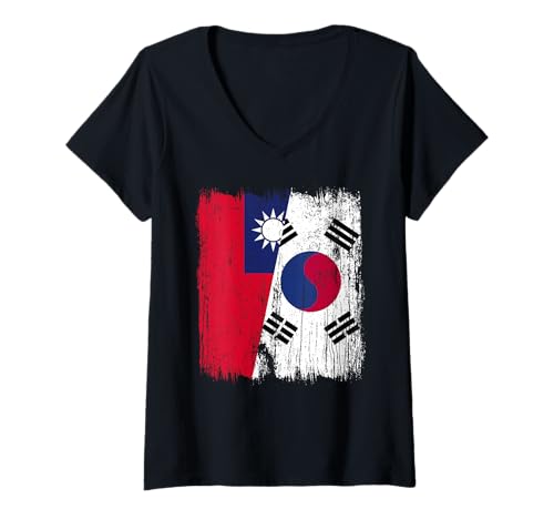 Damen Taiwan Südkorea Halbflagge Taiwanesisches Südkoreanisches Trikot T-Shirt mit V-Ausschnitt Damen Taiwan Südkorea Halbflagge Taiwanesisches Südkoreanisches Trikot T-Shirt mit V-Ausschnitt von South Korea Flag Designs Proud South Korean Roots