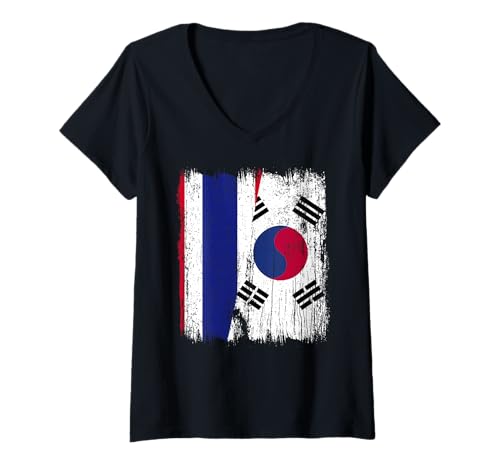 Damen Thailand Südkorea Halbflagge Thai Südkorea Trikot T-Shirt mit V-Ausschnitt Damen Thailand Südkorea Halbflagge Thai Südkorea Trikot T-Shirt mit V-Ausschnitt von South Korea Flag Designs Proud South Korean Roots