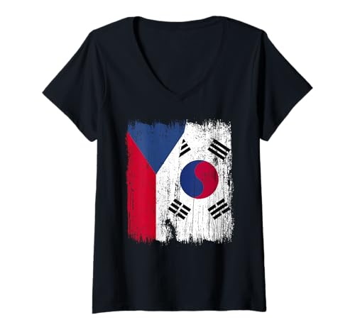 Damen Tschechische Republik Südkorea Halbflagge Tschechien Südkorea T-Shirt mit V-Ausschnitt Damen Tschechische Republik Südkorea Halbflagge Tschechien Südkorea T-Shirt mit V-Ausschnitt von South Korea Flag Designs Proud South Korean Roots