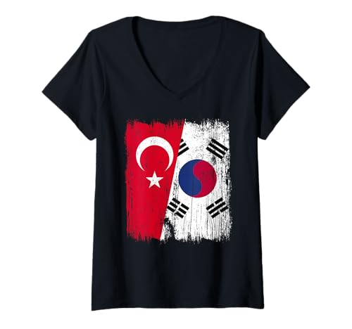 Damen Türkei Südkorea Halbflagge Türkisch Südkoreanisch T-Shirt mit V-Ausschnitt Damen Türkei Südkorea Halbflagge Türkisch Südkoreanisch T-Shirt mit V-Ausschnitt von South Korea Flag Designs Proud South Korean Roots