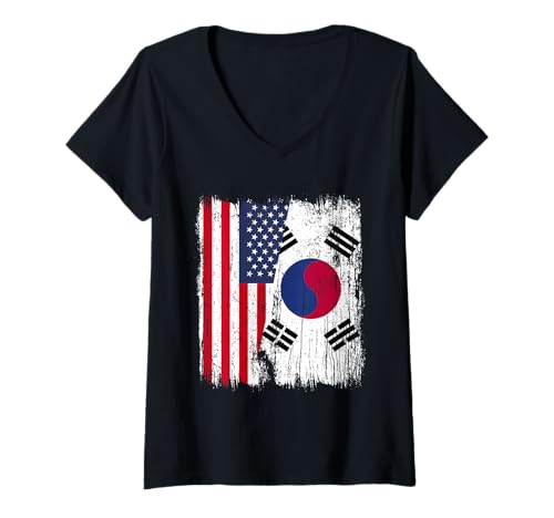 Damen USA Südkorea Halbflagge Amerika Südkoreanisches Erbe T-Shirt mit V-Ausschnitt Damen USA Südkorea Halbflagge Amerika Südkoreanisches Erbe T-Shirt mit V-Ausschnitt von South Korea Flag Designs Proud South Korean Roots