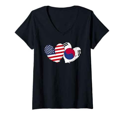 Damen USA Südkorea Herz Flaggen Amerikanische Südkoreanische Doppelflagge T-Shirt mit V-Ausschnitt Damen USA Südkorea Herz Flaggen Amerikanische Südkoreanische Doppelflagge T-Shirt mit V-Ausschnitt von South Korea Flag Designs Proud South Korean Roots