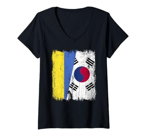 Damen Ukraine Südkorea Halbflagge Ukrainisch Südkorea Trikot T-Shirt mit V-Ausschnitt von South Korea Flag Designs Proud South Korean Roots