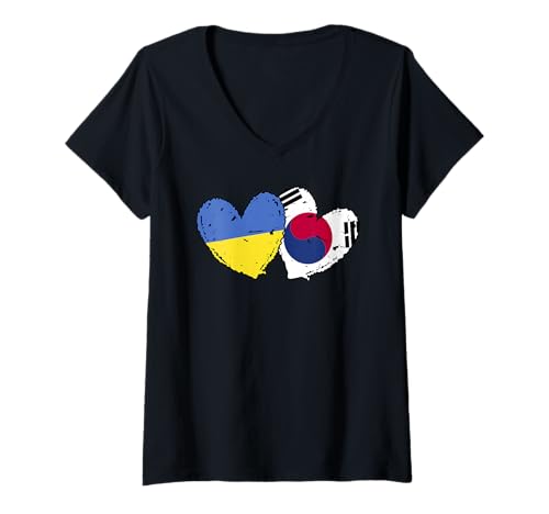 Damen Ukraine Südkorea Herz Flaggen Ukrainisch Koreanisch Dual Flag T-Shirt mit V-Ausschnitt Damen Ukraine Südkorea Herz Flaggen Ukrainisch Koreanisch Dual Flag T-Shirt mit V-Ausschnitt von South Korea Flag Designs Proud South Korean Roots