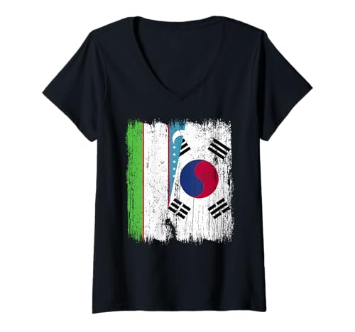 Damen Usbekistan Südkorea Halbflagge Usbekisch Südkorea Trikot T-Shirt mit V-Ausschnitt von South Korea Flag Designs Proud South Korean Roots