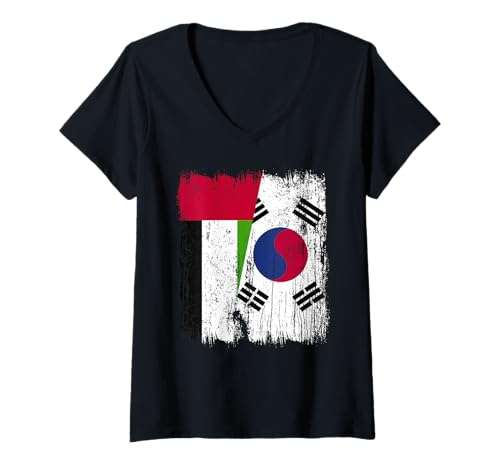 Damen VAE Südkorea Halbflagge Emirati Südkoreanisch T-Shirt mit V-Ausschnitt Damen VAE Südkorea Halbflagge Emirati Südkoreanisch T-Shirt mit V-Ausschnitt von South Korea Flag Designs Proud South Korean Roots