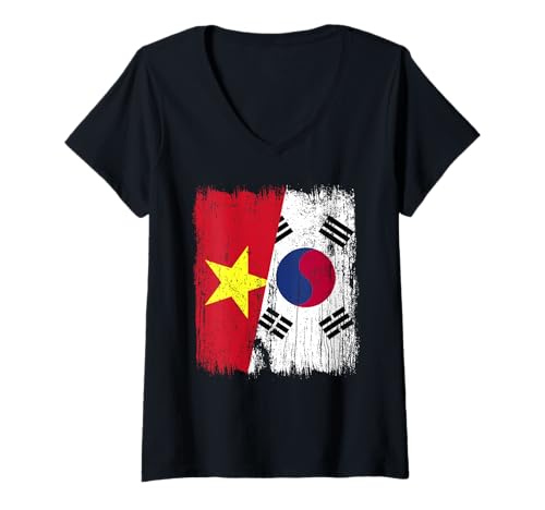 Damen Vietnam Südkorea Halbflagge Vietnamesisches Südkoreanisches Trikot T-Shirt mit V-Ausschnitt von South Korea Flag Designs Proud South Korean Roots