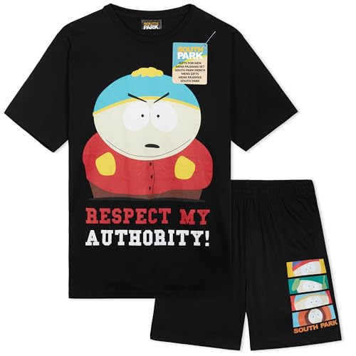 South Park Pyjama Set Schlafanzug Herren Kurz Sommer Schlafanzug Männer Hausanzug Lustig Bequeme Loungewear Set Stan Kyle Cartman Kenny (2XS, Schwarz) von South Park