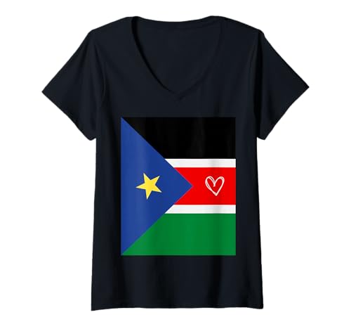 Damen Südsudanesische Flagge Südsudanesisches Herz stolzer Nationalfeiertag T-Shirt mit V-Ausschnitt von South Sudan Flag South Sudanese Gifts Idea