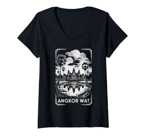 Damen Angkor Wat Kambodscha Tempel, Ancient Wonder Travel Fun T-Shirt mit V-Ausschnitt von Southeast Asia Landmark Designs