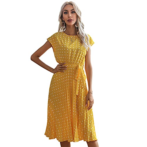 Damen Casual Polka Dot Kleider Kurzarm Rundhalsausschnitt Plissee Midi Kleid Casual Tie Waist Sommerkleid für Frauen von Southerly