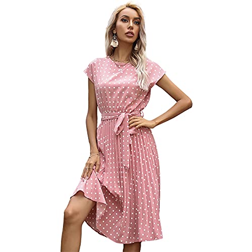 Damen Casual Polka Dot Kleider Kurzarm Rundhalsausschnitt Plissee Midi Kleid Casual Tie Waist Sommerkleid für Frauen von Southerly