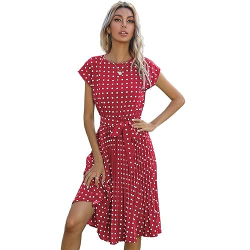 Southerly Damen Casual Polka Dot Kleider Kurzarm Rundhalsausschnitt Plissee Midi Kleid Casual Tie Waist Sommerkleid für Frauen, Rot, M von Southerly