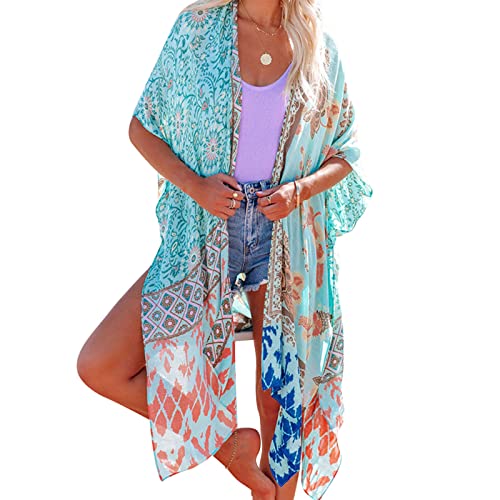 Southerly Strandvertuschung für Frauen Badeanzug Cover Up mit böhmischen Blumen Lose Casual Kimono Cardigan Seitenschlitz Chiffonbluse, grün, Medium von Southerly