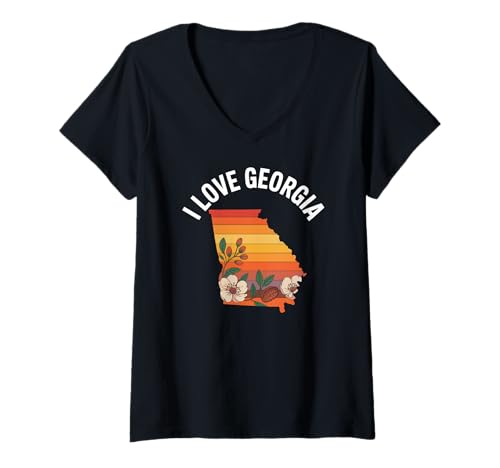 Damen „I Love Georgia State Map“, Retro-Blumengrafik T-Shirt mit V-Ausschnitt Damen „I Love Georgia State Map“, Retro-Blumengrafik T-Shirt mit V-Ausschnitt von Southern Charm Georgia Pride Blooming Flowers
