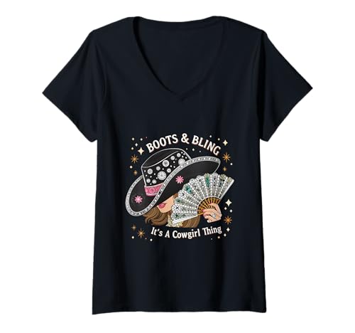 Damen Cowgirls Boots & Bling It's A Cowgirl Thing Western-Kunst T-Shirt mit V-Ausschnitt Damen Cowgirls Boots & Bling It's A Cowgirl Thing Western-Kunst T-Shirt mit V-Ausschnitt von Southern Charm Studio