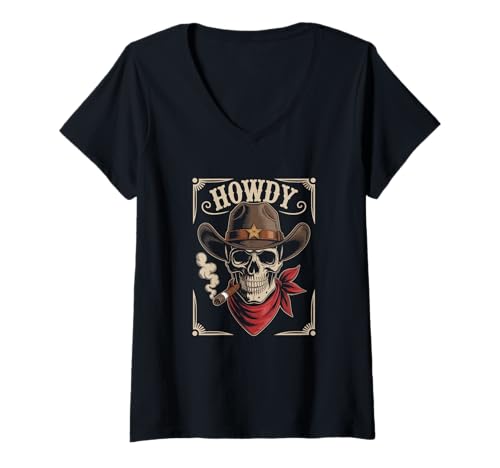 Damen Rodeo im Vintage-Stil, für Liebhaber von Western Country Texas, Braun T-Shirt mit V-Ausschnitt von Southern Cowgirl & Cowboy Howdy Retro Tee