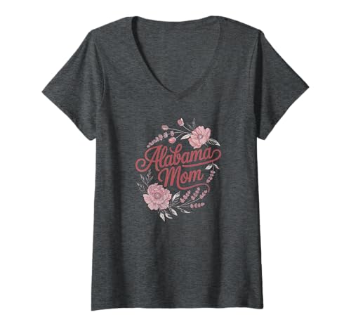 Damen Alabama Mom Cursive Red Floral Design Cute T-Shirt mit V-Ausschnitt Damen Alabama Mom Cursive Red Floral Design Cute T-Shirt mit V-Ausschnitt von Southern Moms Crimson Floral Apparel