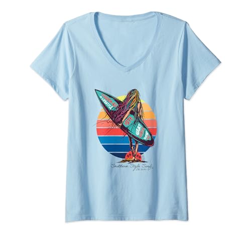 Damen Southern Style Surf Retro geht ans Meer T-Shirt mit V-Ausschnitt Damen Southern Style Surf Retro geht ans Meer T-Shirt mit V-Ausschnitt von Southern Style Surf