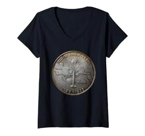 Damen Old Spanish Trail Silber Halb-Dollar-Münze T-Shirt mit V-Ausschnitt Damen Old Spanish Trail Silber Halb-Dollar-Münze T-Shirt mit V-Ausschnitt von Southern US Trading Route Map Numismatic Coinage