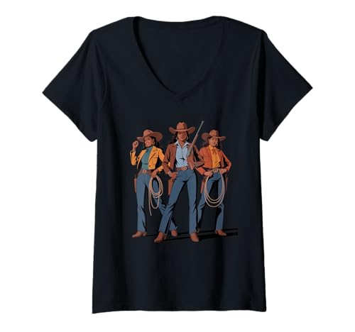 Damen Black Cowgirl Trio, Westernmode, gewagte Rodeo-Kunst, Damen und Herren T-Shirt mit V-Ausschnitt von Southern Women Power Country Culture Sister Style