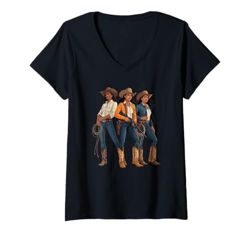 Damen Black Cowgirl Trio, Westernmode, gewagte Rodeo-Kunst, Damen und Herren T-Shirt mit V-Ausschnitt von Southern Women Power Country Culture Sister Style