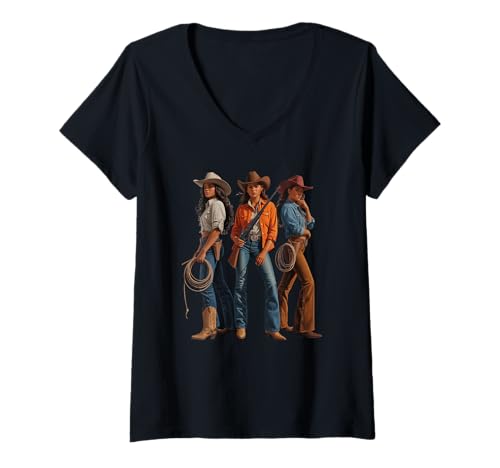 Damen Black Cowgirl Trio, Westernmode, gewagte Rodeo-Kunst, Damen und Herren T-Shirt mit V-Ausschnitt von Southern Women Power Country Culture Sister Style