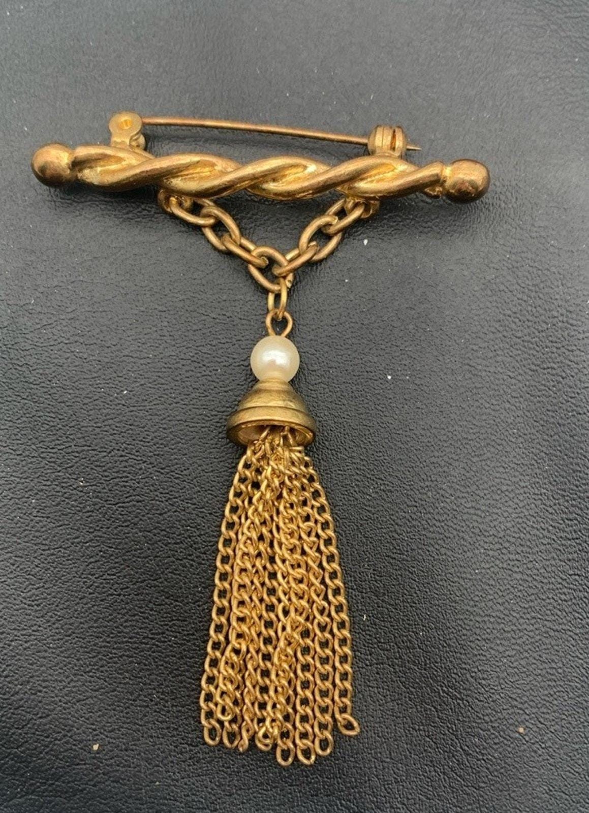 Vintage Gold Ton Quaste Und Faux Perle Baumeln Brosche von Southernreseller