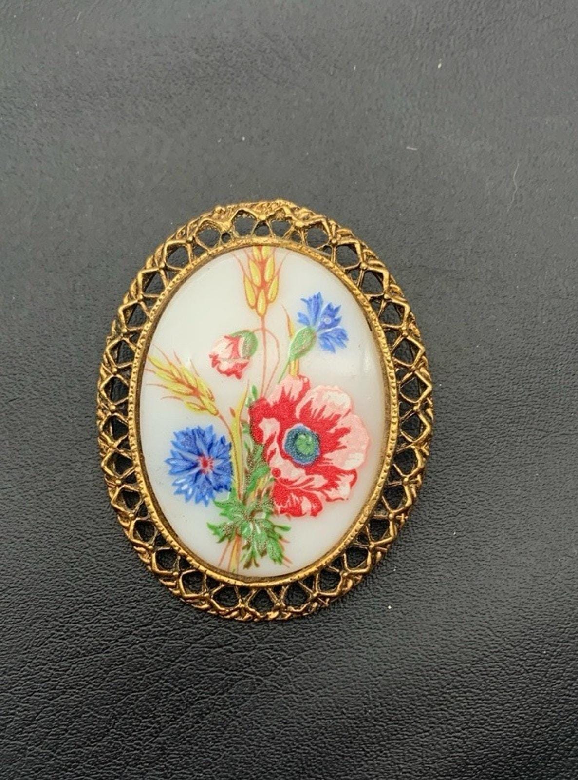 Vintage Große Weiße Glas W Blau Und Rot Blumen Oval in Faux Bambus Goldton Rahmen von Southernreseller
