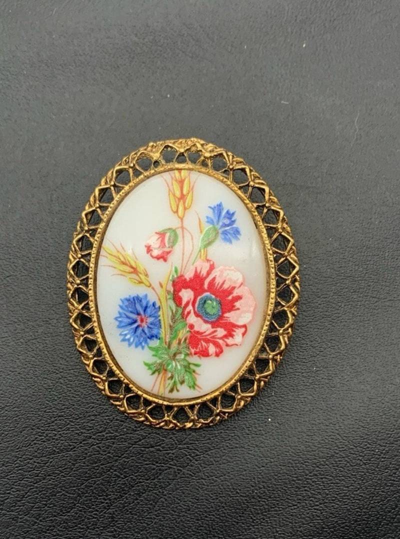 Vintage Große Weiße Glas W Blau Und Rot Blumen Oval in Faux Bambus Goldton Rahmen von Southernreseller