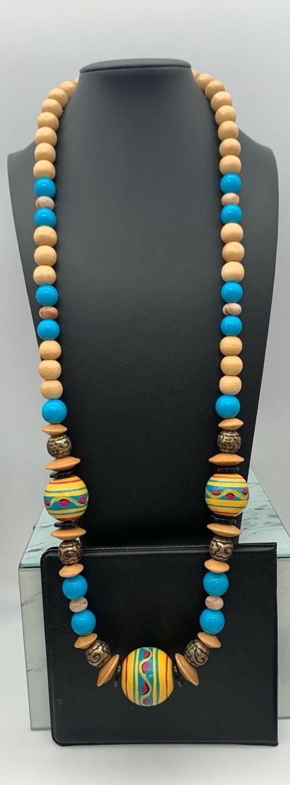 Vintage Holzperlenkette Mit Handgemalten Statementperlen Boho Natur von Southernreseller