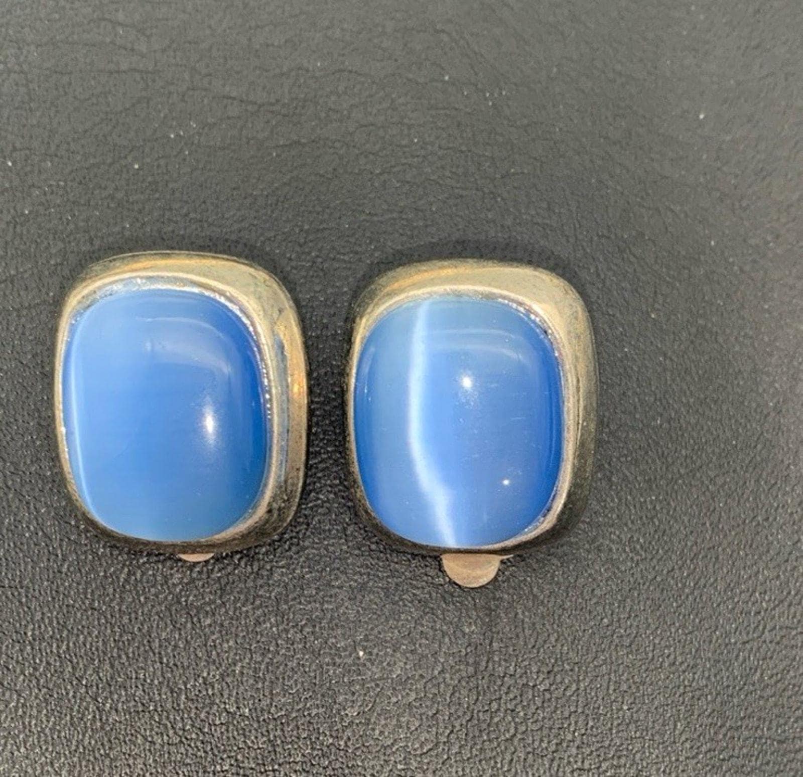 Vintage Silber Ton & Blau Katzen Auge Ohrclips von Southernreseller