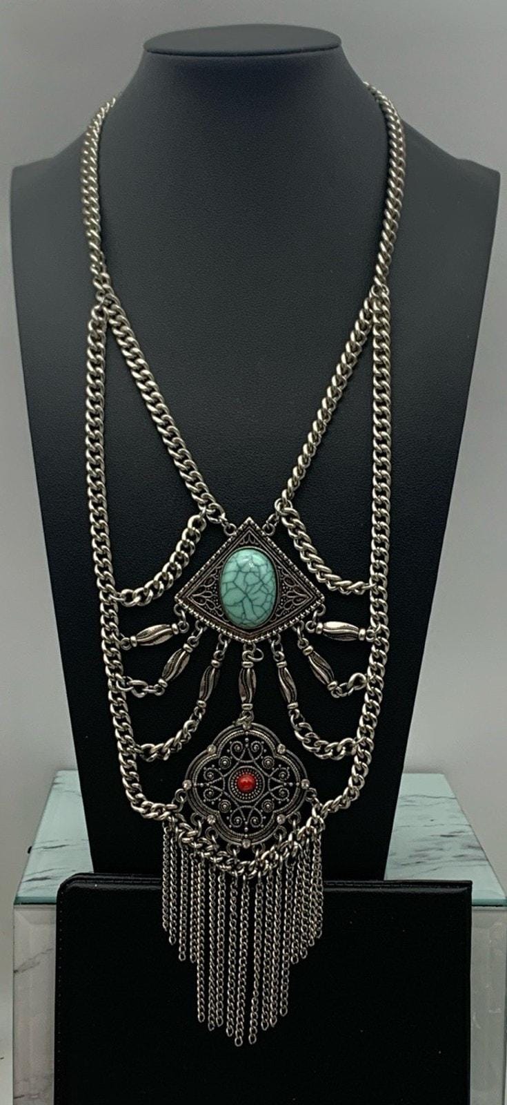 Vintage Silberton Faux-Türkis Boho Style Statement Halskette von Southernreseller