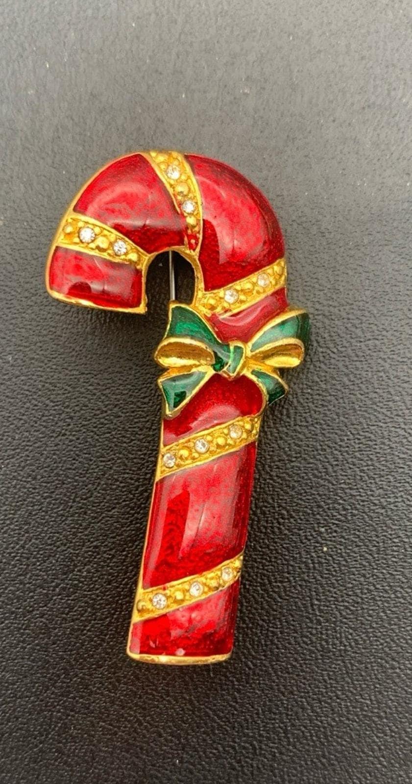 Vintage Weihnachten Gold Ton Rote Emaille Candy Cane Brosche Pin Strass von Southernreseller