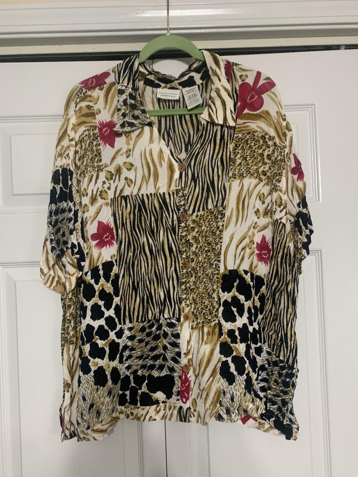Vintage Weiß Hirsch Button Up Animal Print Patchwork Top Leichtgewicht 22/24W von Southernreseller
